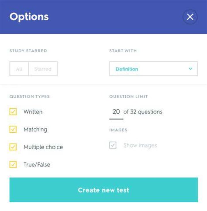 Can you create a test on quizlet