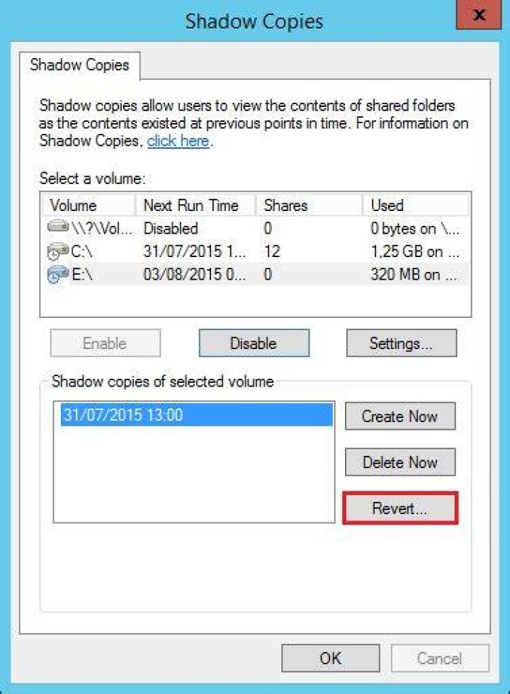 How do I create a shadow copy in Windows Server 2012