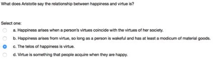 What is the relationship between happiness and virtue according to Aristotle